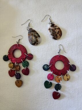 Lot Of 2 - Colorful Red Hoop Multi-Color Wood And Tortoise Earrings